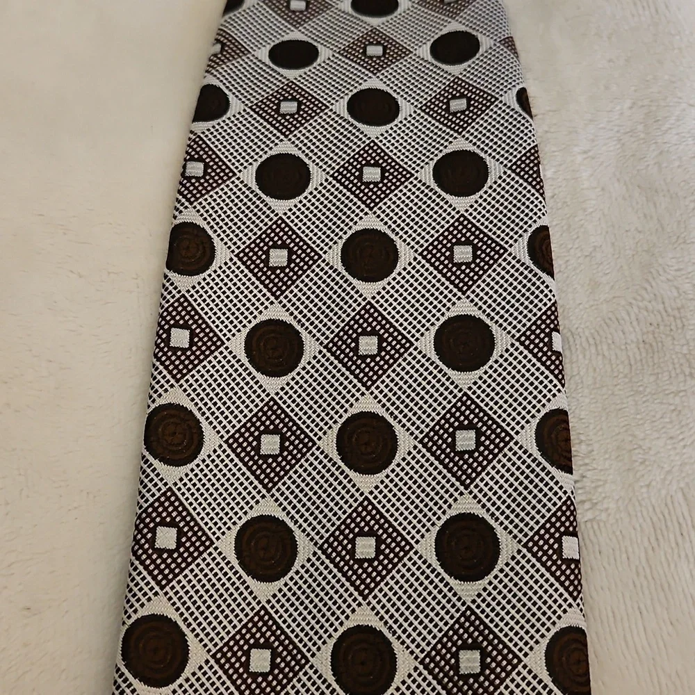 Vtg SEARS 1960s Brown and Silver Circle Atomic Patterned Wide Clip-on Tie
